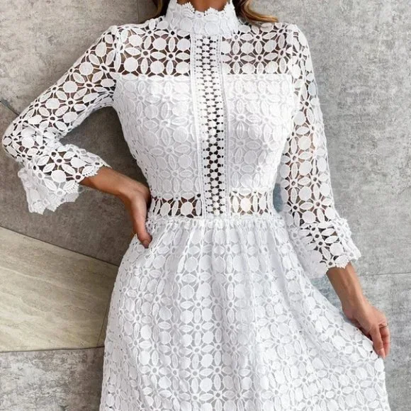 White mock neck Mesh Insert Flounce Sleeve Lace Dress - Picture 7 of 7